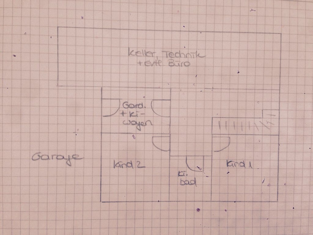 Handgezeichneter Grundriss: Garage außen, Keller/Technik, Garderobe, Kinder 1–2, Bad.
