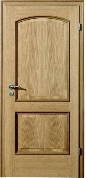 Interior wooden door with decorative panels and metal handle