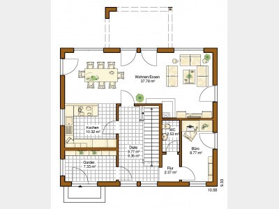Floor plan of a detached house with living room, kitchen, bedrooms and office