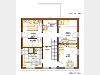 Floor plan of a detached house with bedrooms, bathroom, kitchen and staircase