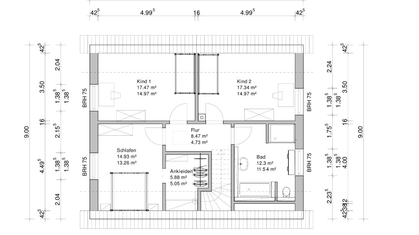Floor plan: Bedroom, dressing room, bathroom, hallway, two children's rooms (Child 1, Child 2)