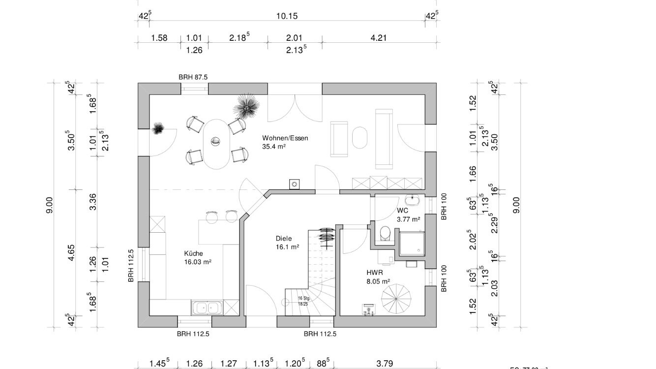 Ground floor plan: open living/dining area, kitchen, hallway, utility room, WC, stairs.