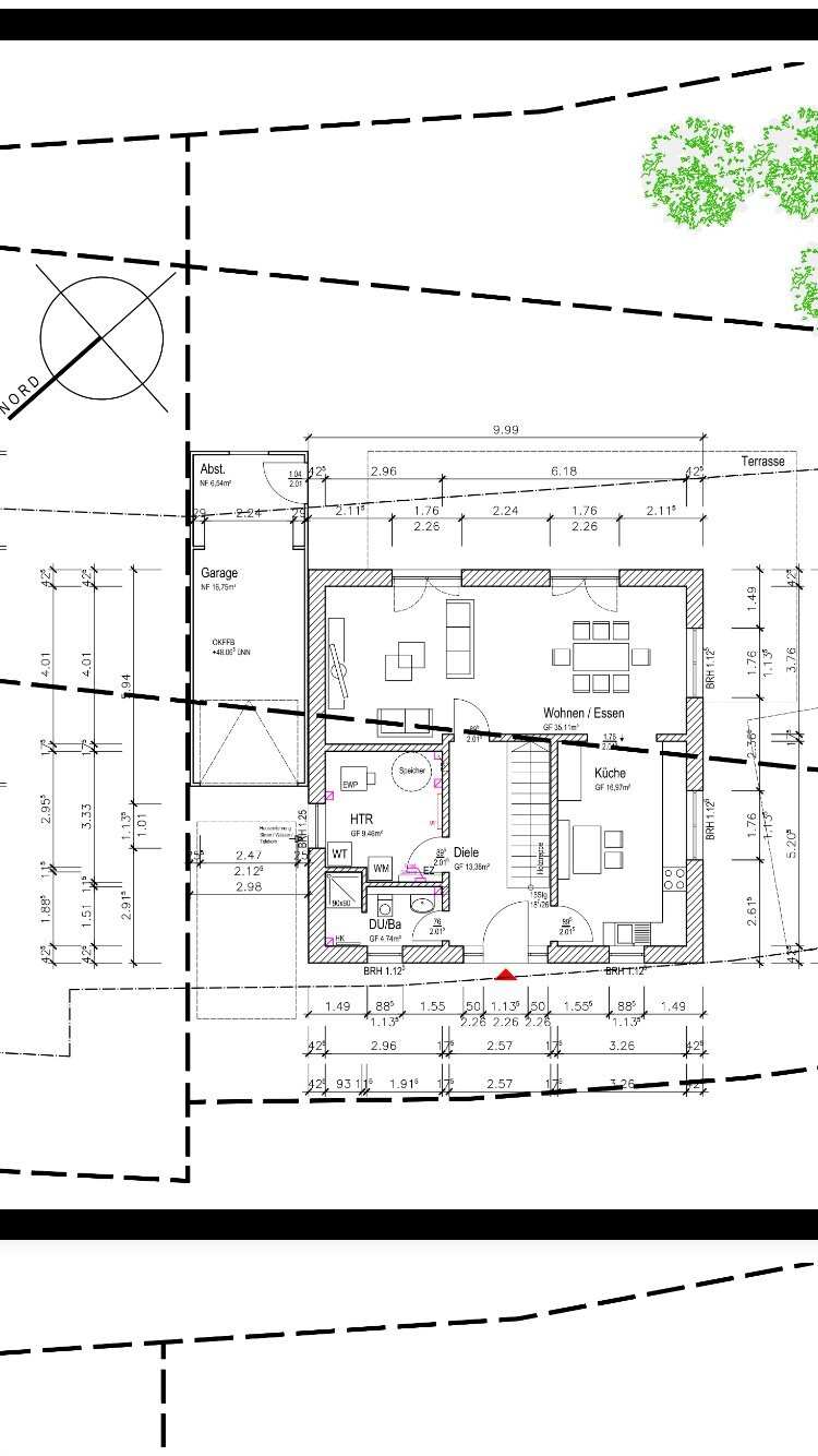 Two-dimensional floor plan of a house with living room, kitchen, hallway, bathroom and garage