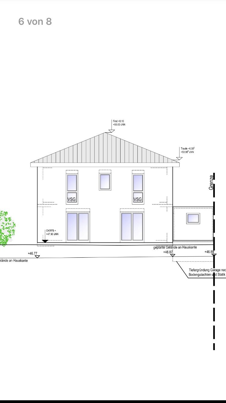 Architect-designed house: two-story house view with gable roof, drawing