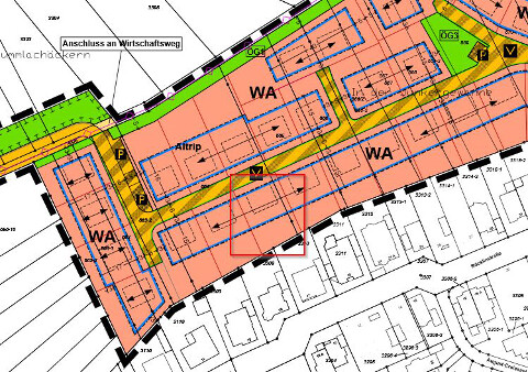 Site plan of a building plot with residential zones, paths, and building areas