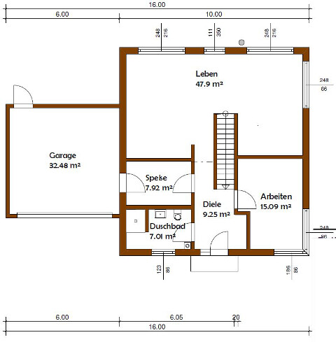 Detailed floor plan of a single-family home with garage, living room, hallway, kitchen and bathroom (ground floor)