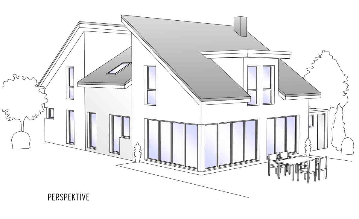 Modern, two-story house with large glass fronts, terrace, and dining table.
