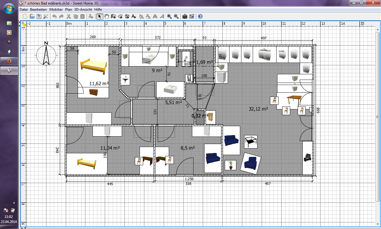Floor plan of a residential house with bedrooms, living room, kitchen, and bathroom
