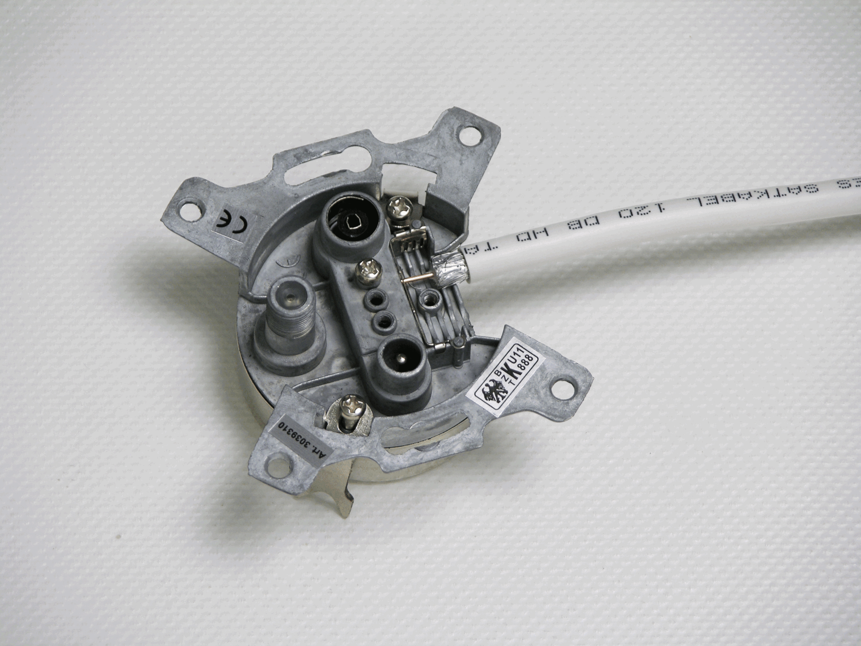 Metal lamp holder with cable connection and mounting tabs.