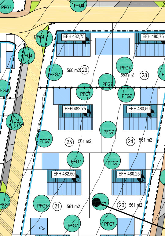 Site plan of a residential area with plots, buildings, paths, and trees