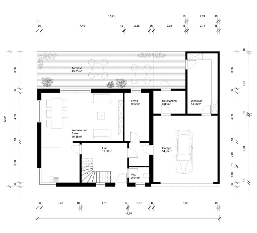 Floor plan of a single-family house with terrace, living/dining area, and garage.