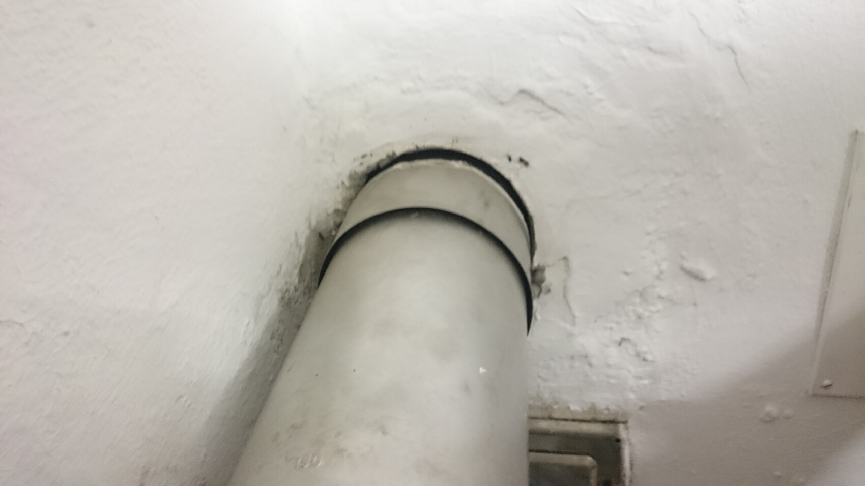 Gray drainage pipe running vertically through a white wall; sealing ring visible