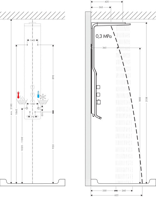 Technical drawing of a bathroom floor plan with sanitary connections and dimensions