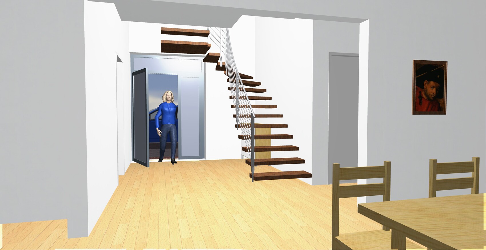 3D-Render of an open entrance area with a floating wooden staircase, dining area and wall art