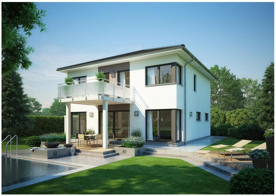 Modern two-story house with balcony, glass railing, terrace, and pool in the garden.