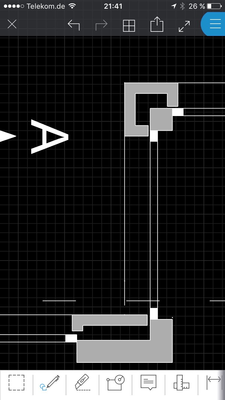 2D CAD floor plan with walls and lines on a black grid