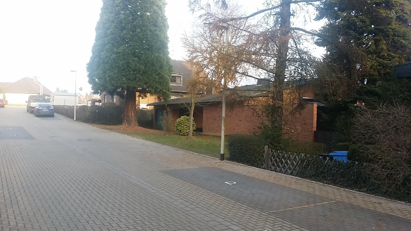 Street view of a brick house with sidewalk, trees, and parked cars