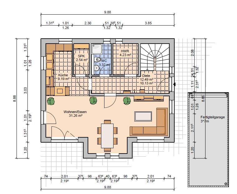 Floor plan of a house: kitchen, living/dining area, hallway, WC, utility room, pantry, stairs, prefabricated garage.