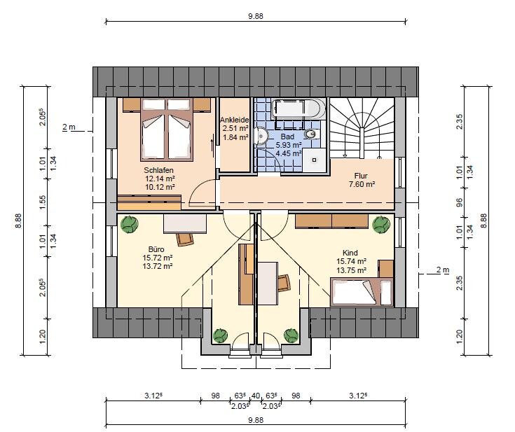 Floor plan of an upper floor with bedroom, office, child’s room, dressing room, bathroom, and hallway.