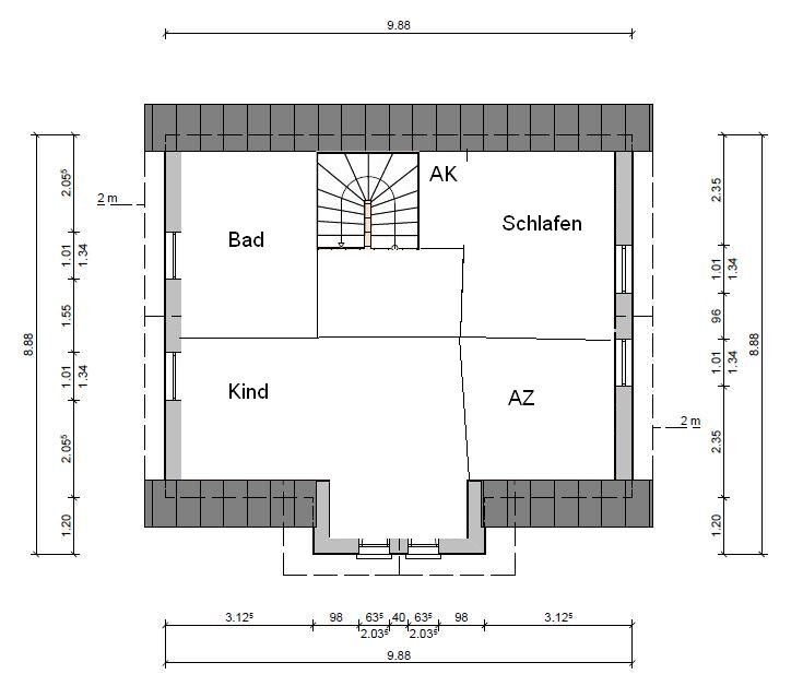 Floor plan of a top floor with bathroom, bedroom, child’s room, study, and staircase