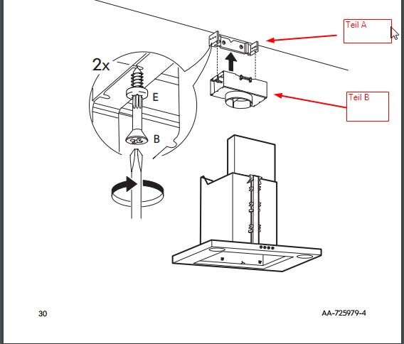 Ceiling mounting of an extractor hood: Part A and Part B of the bracket.