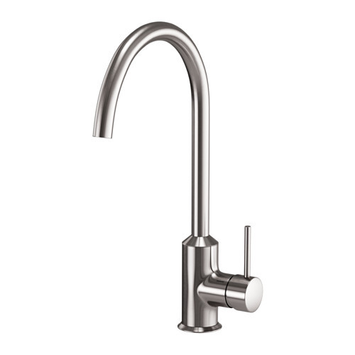 Modern stainless steel kitchen faucet with high curved spout and single-lever control.