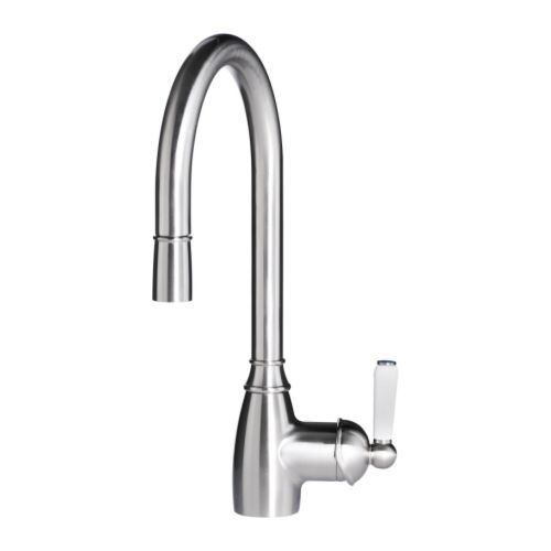 Chrome faucet with high, curved spout and single lever handle.