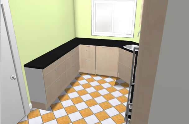 L-shaped kitchen with light wooden cabinets, black countertop, orange and white checkered floor.