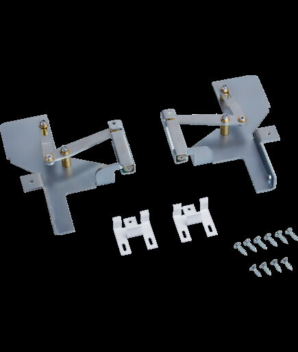 Assembly kit: two grey metal angle brackets with screws, bolts, and small parts.