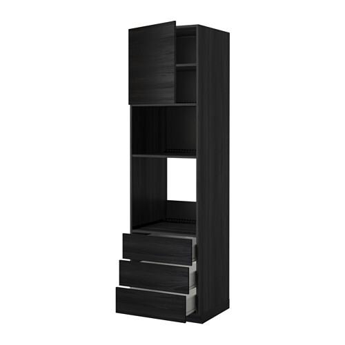 Black wooden cabinet with open upper compartment, middle compartment empty, several drawers below.