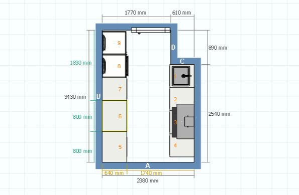 Floor plan of a kitchen: left cabinet row (No. 5–9) and right appliance zone (No. 2–4) with dimensions.