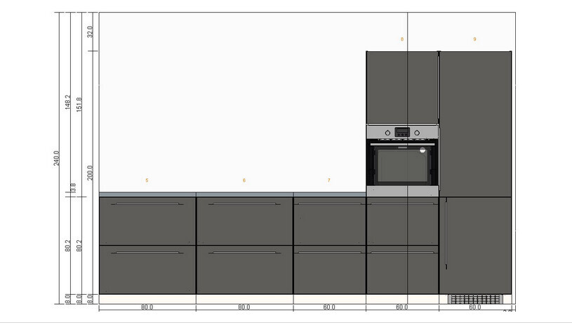 Kitchen with lower drawers, integrated oven in tall cabinet, large kitchen cabinet on the right.