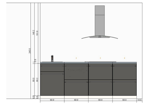 Kitchen row with four base cabinets in grey fronts, countertop and central extractor hood.