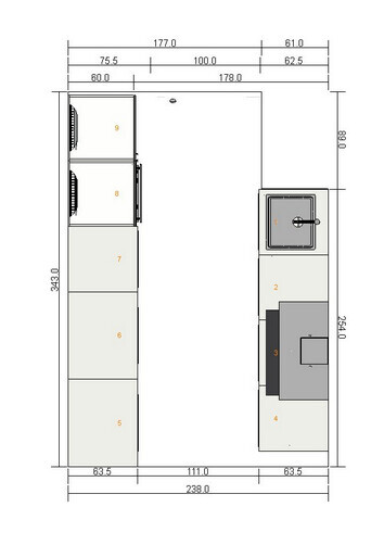 Floor plan with kitchen row, sink and cabinets in the layout.