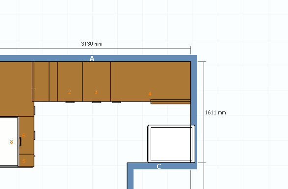 Kitchen floor plan: brown cabinets along wall A, white square box near wall C.