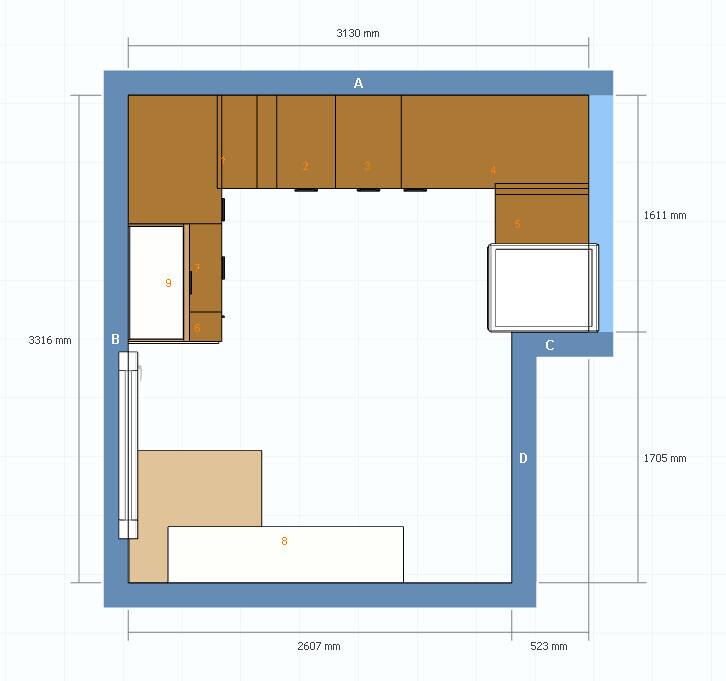 Kitchen floor plan: surrounding brown cabinets A-D, island bottom left, appliances 2-9, dimensions 3130×3316 mm (123×131 inches)