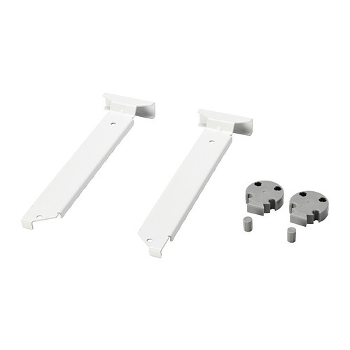 Two long white mounting rails with end caps, plus gray round clips and two pins.