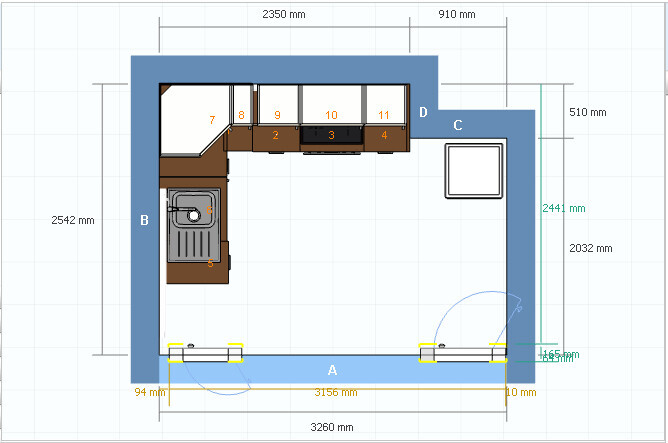 2D-Kitchen floor plan with sink, stove and base cabinets in U-shaped kitchen layout