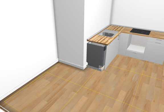 Küche mit Holzboden, rechte Arbeitszeile und gelben Rasterlinien zur Raumplanung