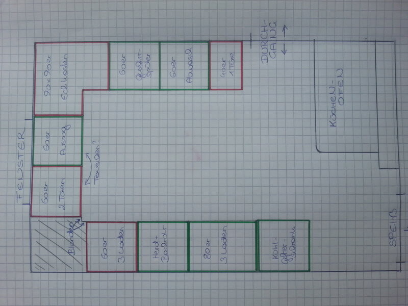 Floor plan of a house with kitchen on the right and surrounding rooms.