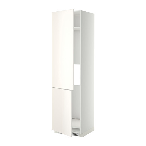 Narrow freestanding white kitchen cabinet with two doors; inside with visible shelves.