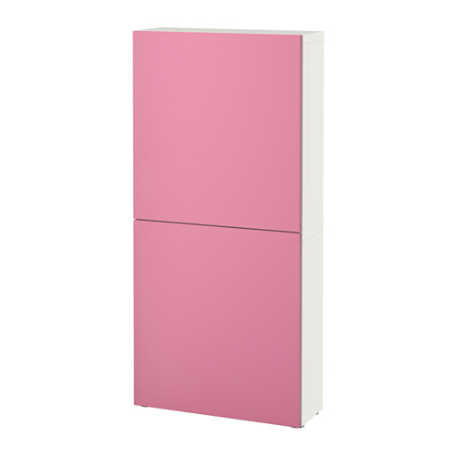 Double-door pink refrigerator with white casing.