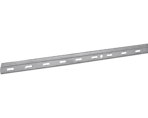 Flat metal mounting rail with perforations for fastenings in construction.