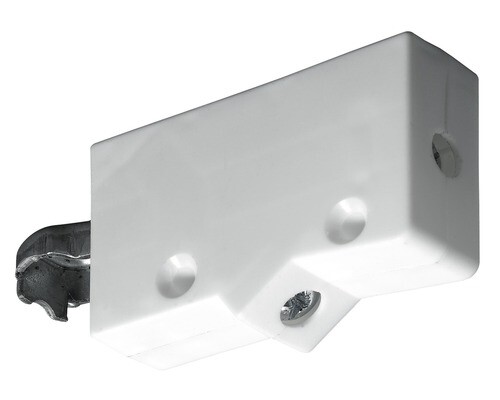 White plastic mounting bracket with metal screw and fastening hole.