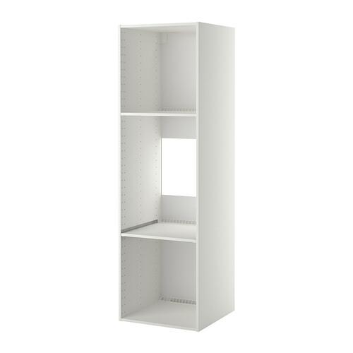 White freestanding shelf with adjustable shelves, open.