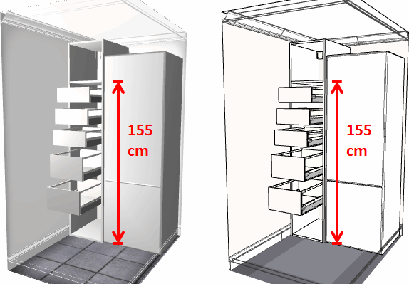 3D-Darstellung eines Kleiderschranks mit Schubladen, Innenausbau, 155 cm hoch