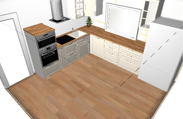 3D kitchen with wood countertop, sink, stove, fridge, and light cabinets