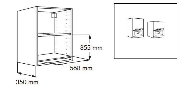 Montage drawing of a kitchen base cabinet with wall cabinets and dimensions