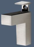 Modern steel bathroom faucet with square base and horizontal spout