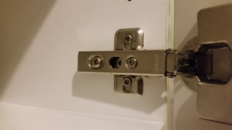 Close-up of a door hinge with screws and pins